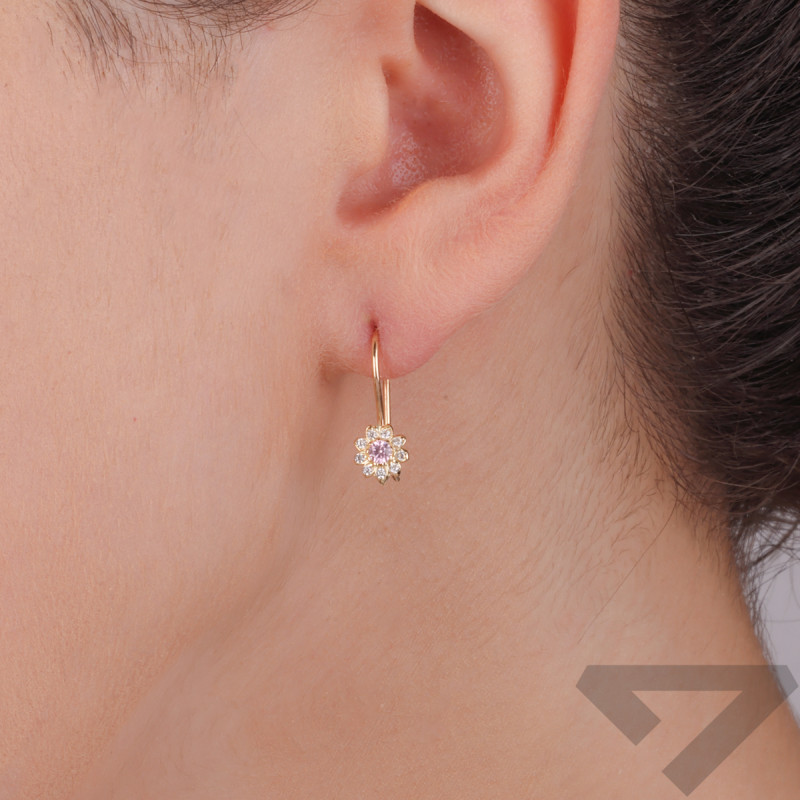 Kolczyki złote dla dziewczynki kwiatek z różową i białymi cyrkoniami próba 585