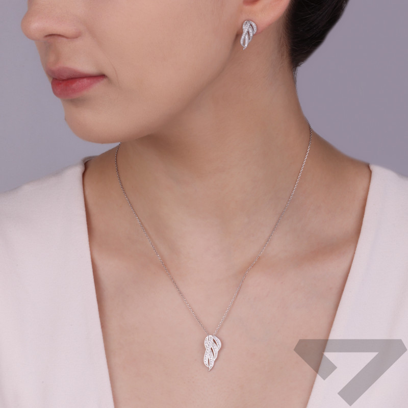 Komplet srebrny kolczyki i zawieszka liść z cyrkoniami  AT767 próba 925