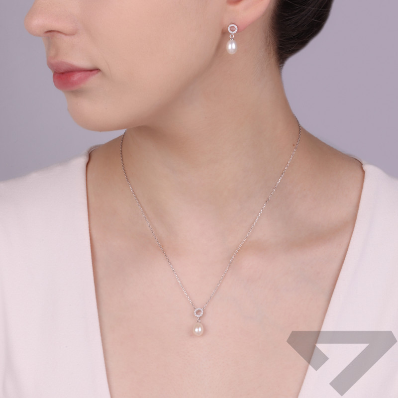 Naszyjnik srebrny z białą perłą i kółkiem z cyrkoniami/anker NI ORZ00106-GIZ00095 ROD próba 925