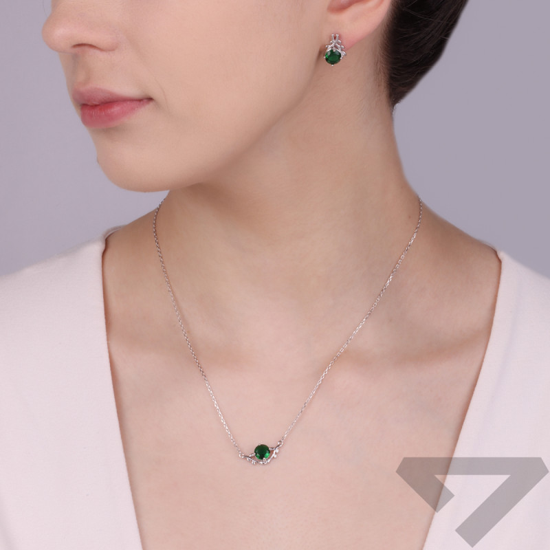 Srebrny Komplet z Zieloną Cyrkonią - Kolczyki i Naszyjnik - JubilerSezam.pl