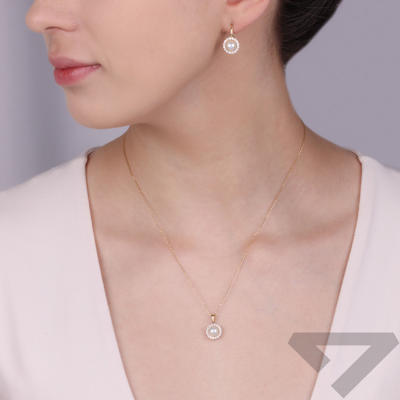 Kolczyki złote z białą perłą 6,5 mm i cyrkoniami wokół próba 585