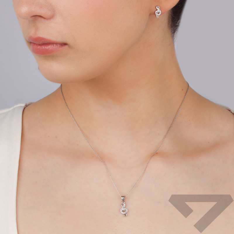 Komplet srebrny kolczyki i zawieszka klucz wiolinowy z cyrkoniami HS1871 próba 925