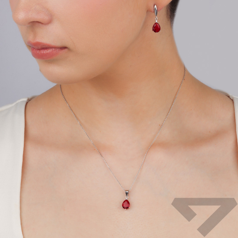 Komplet srebrny kolczyki i zawieszka krople z czerwonymi cyrkoniamiAT IM0804W red ROD próba 925
