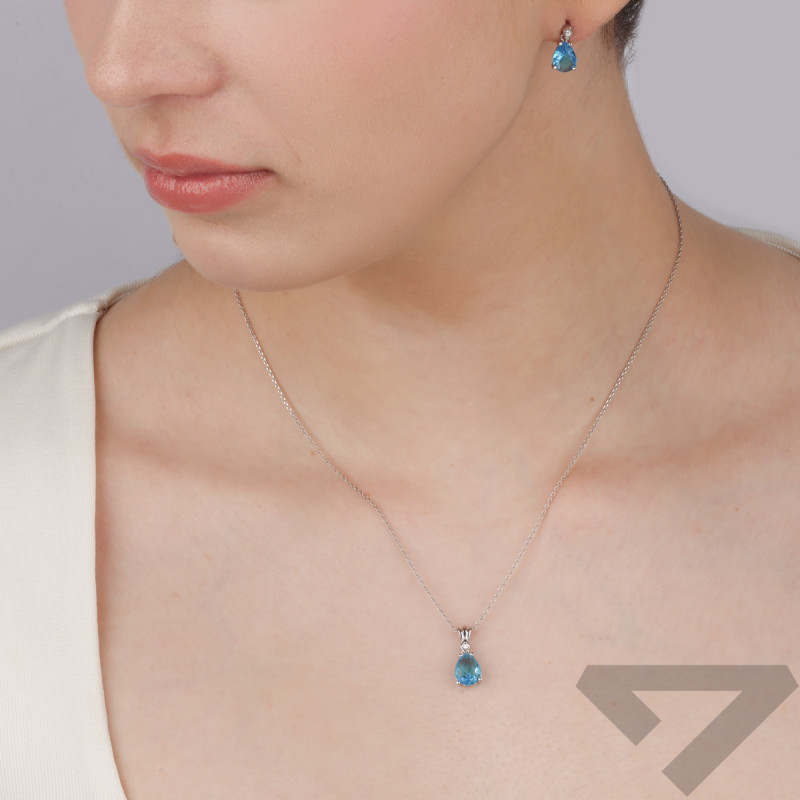 Komplet srebrny kolczyki i zawieszka kropla z j.niebieską cyrkonią AT772 topaz próba 925