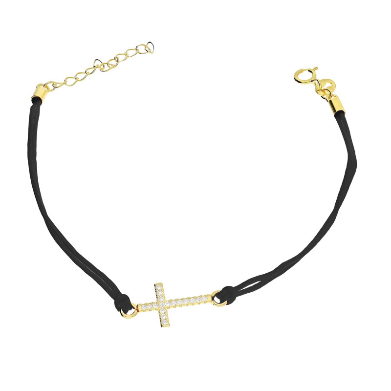 Bransoleta pozłacana krzyż z cyrkoniami na czarnym sznurku PW DA180-1 GOLD czarny próba 925