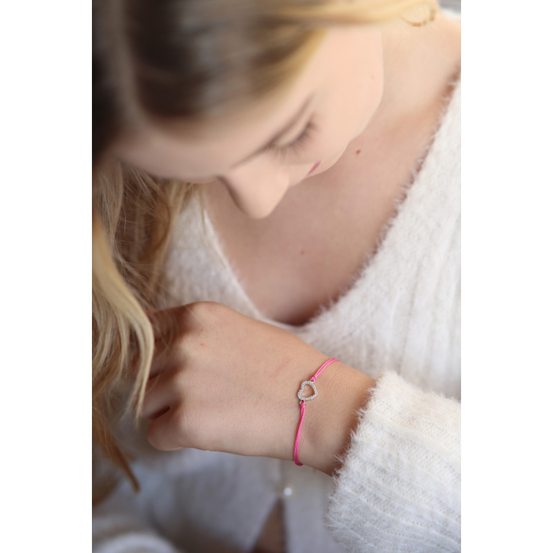 Bransoleta srebrna serce z białymi cyrkoniami na różowym sznurku PW87 ROD różowy próba 925