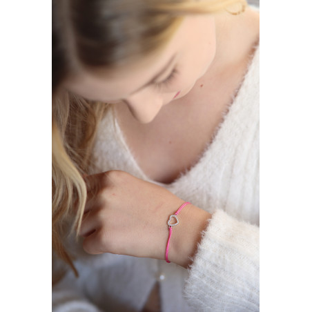 Bransoleta srebrna serce z białymi cyrkoniami na różowym sznurku PW87 ROD różowy próba 925
