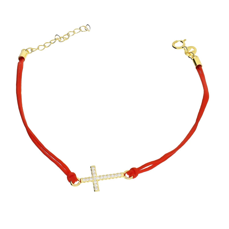 Bransoleta pozłacana krzyż z cyrkoniami na czerwonym sznurku PW DA180-1 GOLD czerwony próba 925