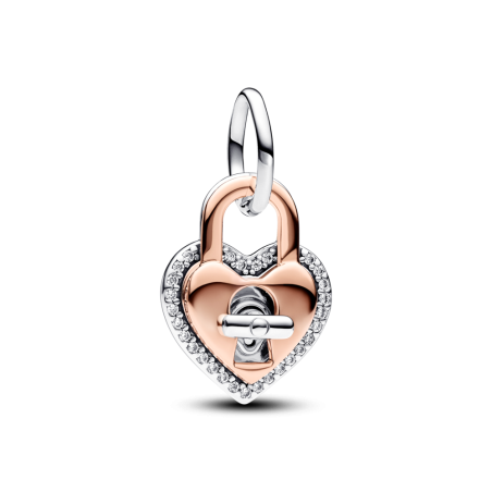 Podwójny dwukolorowy charms-zawieszka Pandora w kształcie serca z kłódką i przekręcanym kluczykiem. 783079C01 próba 925