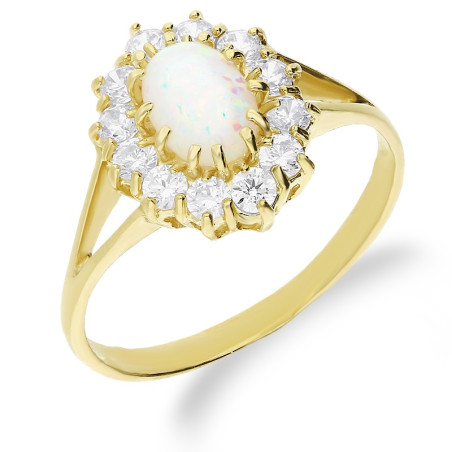 Pierścionek złoty opal biały i cyrkonie OS 96-0009 OPL-1 próba 585