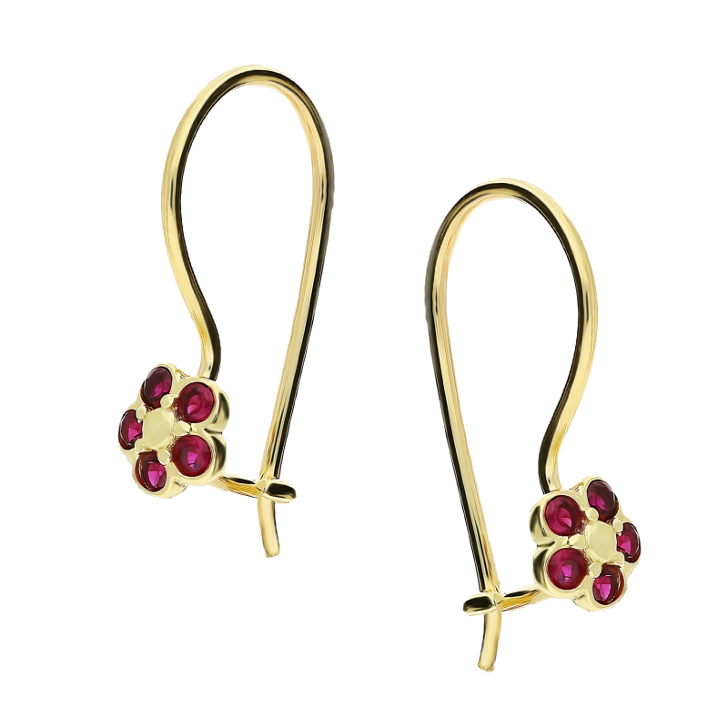Kolczyki złote dla dziewczynki kwiat z czerwonymi cyrkoniami próba 585