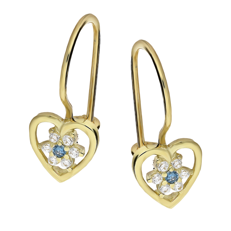 Kolczyki złote dla dziewczynki serce z kwiatkiem z cyrkoniami próba 585