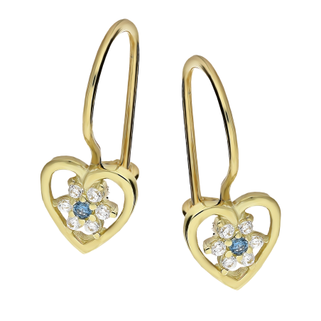 Kolczyki złote dla dziewczynki serce z kwiatkiem z cyrkoniami próba 585