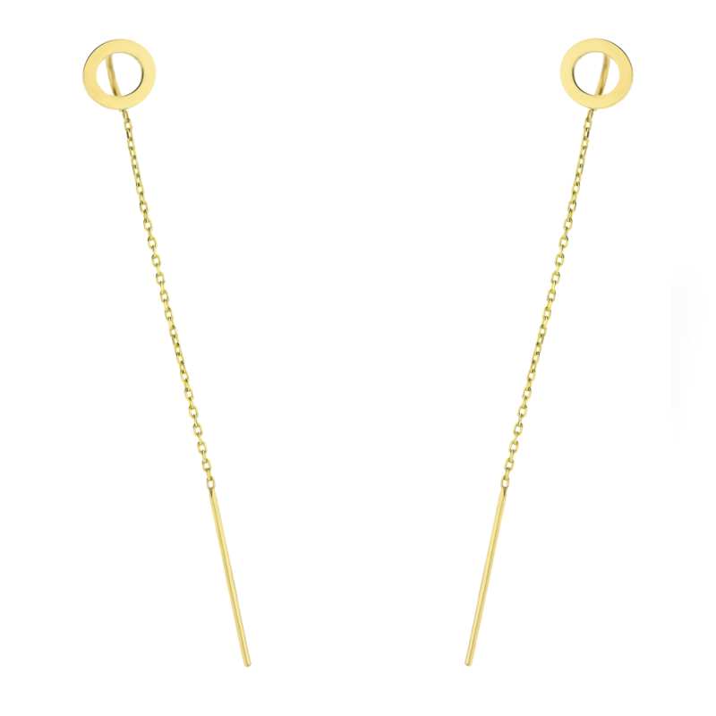 Kolczyki złote wiszące 70 mm przeciągane oponki z łańcuszkiem