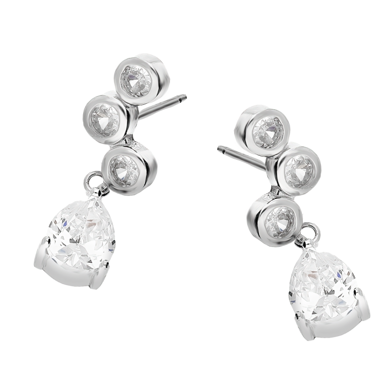 Kolczyki srebrne trzy cyrkonie w okrągłej oprawie i kropla/sztyft A01048 próba 925