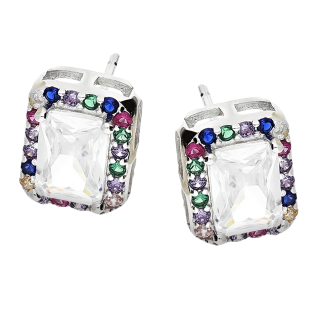 Kolczyki srebrne prostokątna biała cyrkonia i kolorowe cyrkonie/sztfyt A0 FIR_38 próba 925