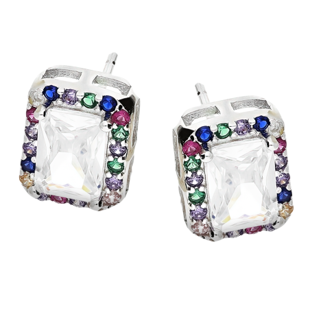 Kolczyki srebrne prostokątna biała cyrkonia i kolorowe cyrkonie/sztfyt A0 FIR_38 próba 925