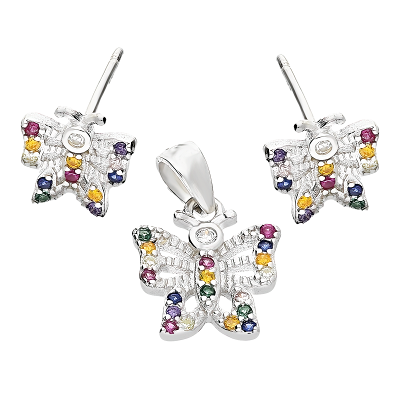 Komplet srebrny kolczyki i zawieszka motyl z kolorowymi cyrkoniami  A0 FIR_41 próba 925