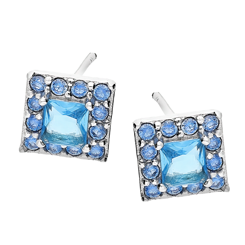 Kolczyki srebrne kwadrat z niebieskimi cyrkoniami/sztyft AT656 próba 925
