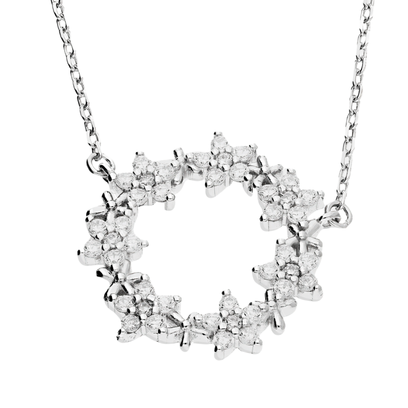 Naszyjnik srebrny koło z kwiatkami z białymi cyrkoniami/anker AT666 próba 925