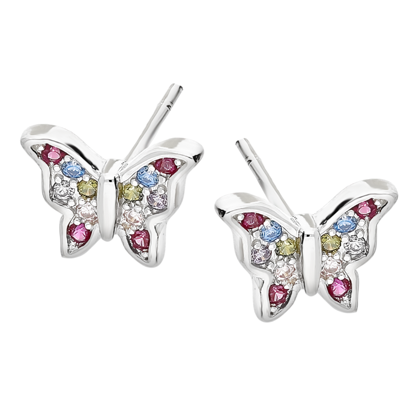 Kolczyki srebrne motyl z kolorowymi cyrkoniami/sztyft AT678 próba 925