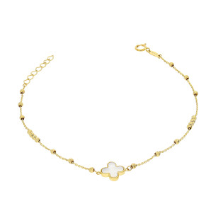 Bransoleta złota koniczyna z białą masą perłową i grawerowane kulki, złoto 585