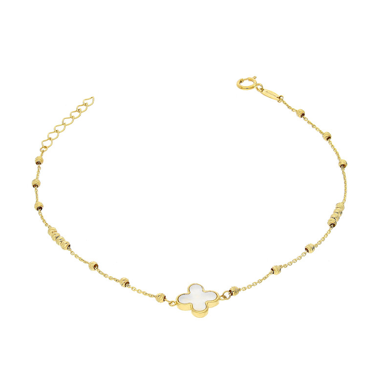 Bransoleta złota koniczyna z białą masą perłową i grawerowane kulki AR CABLE1B-0446-DC-AC próba 585