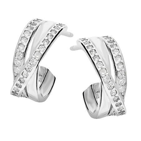 Kolczyki srebrne półkółka z białymi cyrkoniami/sztyft AT685 próba 925