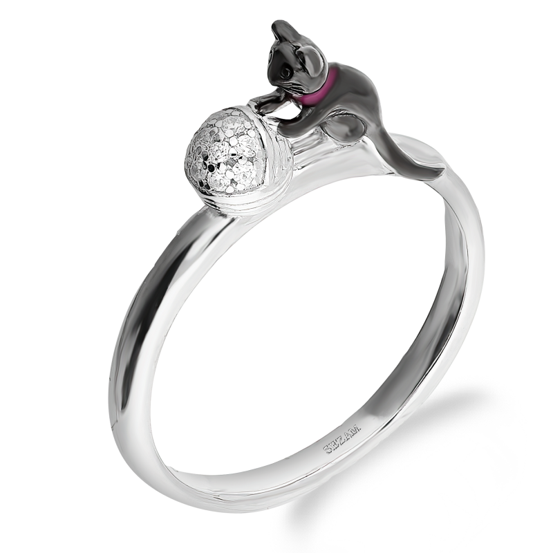 Srebrny Pierścionek Kot z Cyrkoniami pr. 925 - JubilerSezam.pl