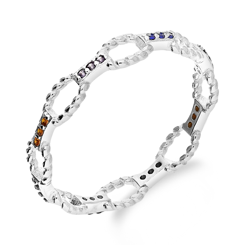 Pierścionek srebrny owalne zaplecione ramki i kolorowe cyrkonie AT703 próba 925