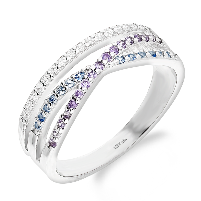 Pierścionek srebrny przeplatanka z kolorowymi cyrkoniami AT715 próba 925