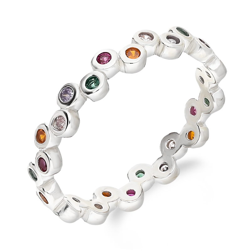 Pierścionek srebrny kolorowe cyrkonie w okrągłych oprawach AT716 próba 925