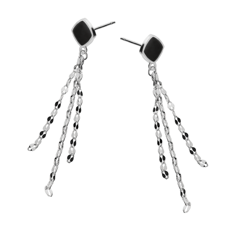 Kolczyki srebrne kwadrat z czarną emalią i łańcuszki/sztyft HS1710 próba 925