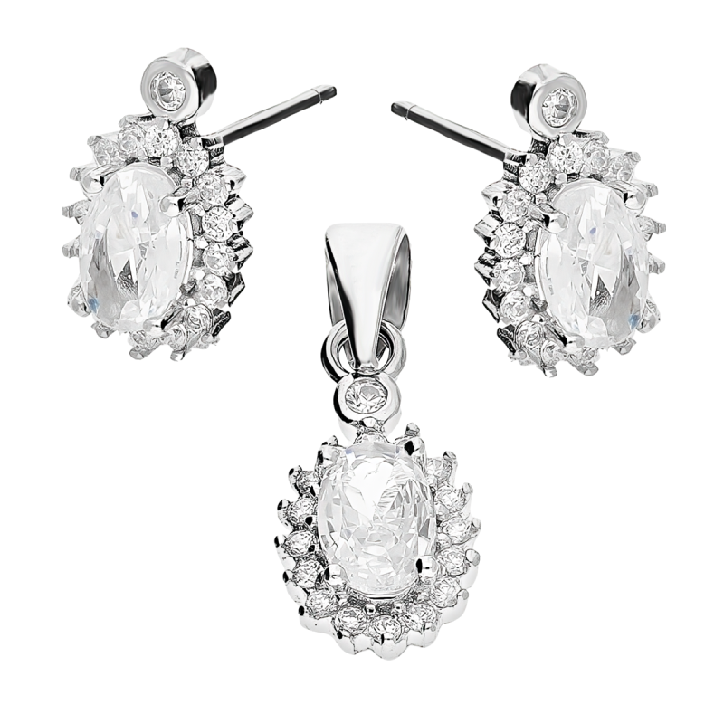 Komplet srebrny kolczyki i zawieszka owalna biała cyrkonia HS1736 próba 925