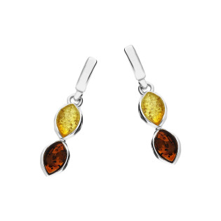 Kolczyki srebrne bursztyny miodowy i koniakowy w łezkach/sztyft MG 284-miodowo-koniakowy próba 925
