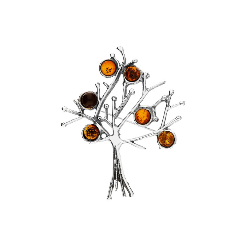 Broszka srebrna drzewko a kulkami bursztynu koniakowego MG 285-koniakowy próba 925