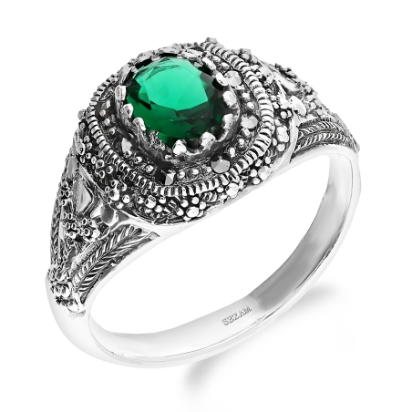 Pierścionek srebrny owalny szmaragd jubilerski i markazyty HS1749 szmaragd próba 925