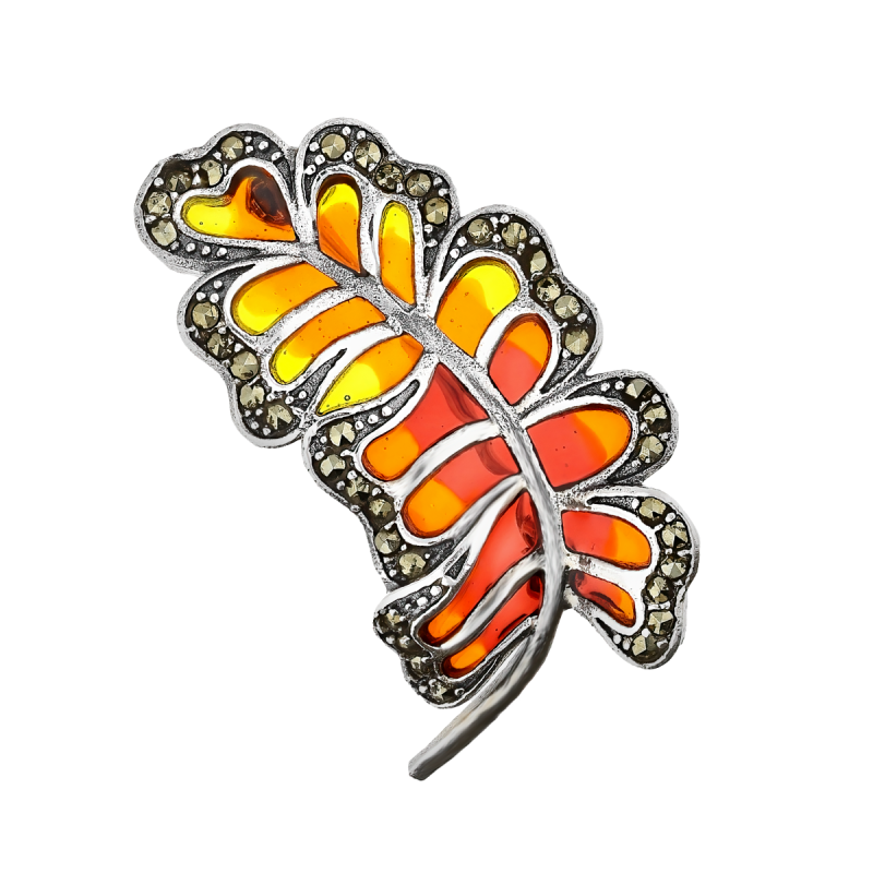 Broszka srebrna listek palmowy z witrażem SR 234a próba 925