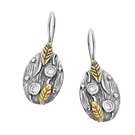Kolczyki srebrne owal z cyrkoniami i listkami/bigiel TB 03384-03382 próba 925