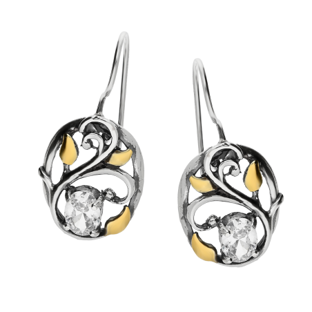 Kolczyki srebrne ażurowy owal z cyrkonią i pozłacanymi listkami TB 03471-03470 próba 925