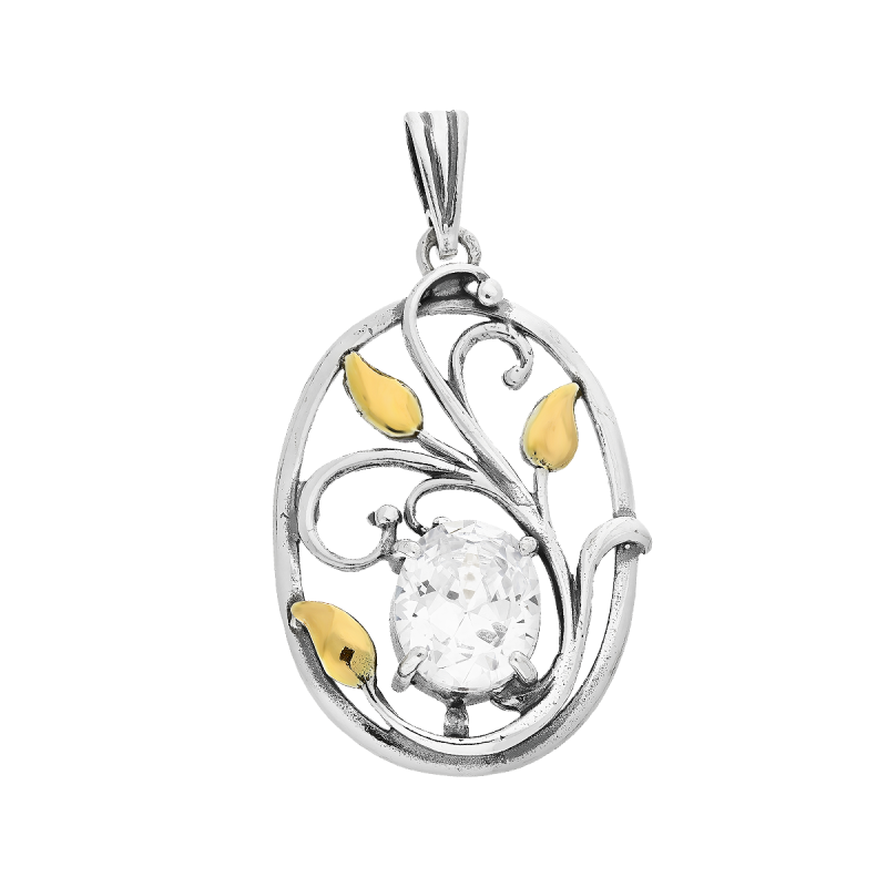 Zawieszka srebrna ażurowy owal z cyrkonią i pozłacanymi listkami TB 03471-03470 próba 925