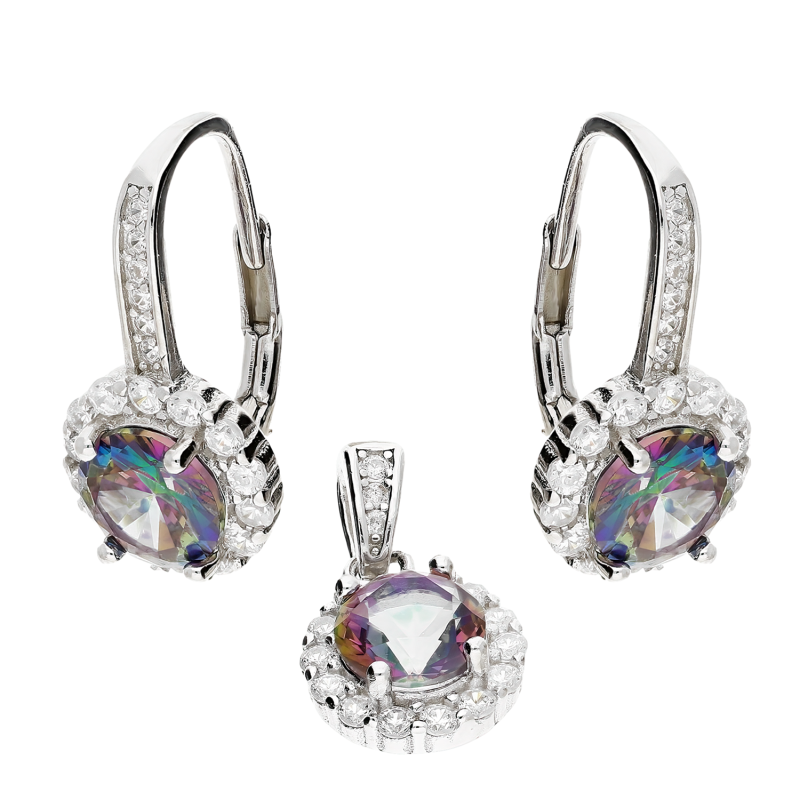 Komplet srebrny kolczyki i zawieszka okrągły topaz mistic i cyrkonie AT512 Topaz Mistic próba 925