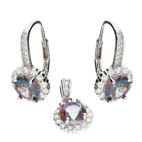 Komplet srebrny kolczyki i zawieszka okrągły topaz mistic i cyrkonie AT512 Topaz Mistic próba 925