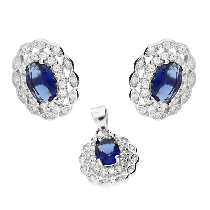 Komplet srebrny kolczyki i zawieszka owalna markiza z szafirową cyrkonią AT546 szafir próba 925