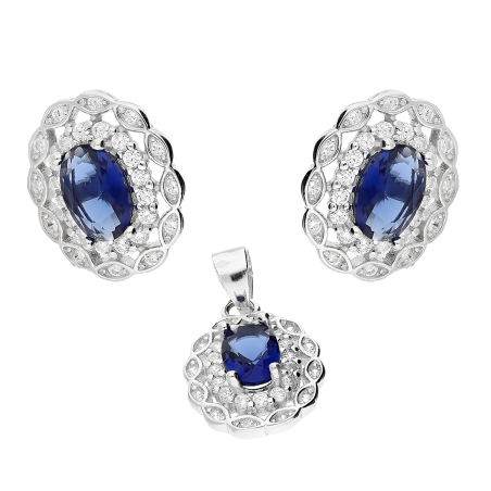 Komplet srebrny kolczyki i zawieszka owalna markiza z szafirową cyrkonią AT546 szafir próba 925