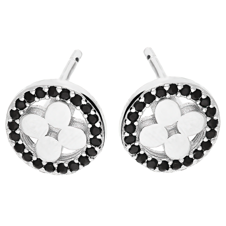 Kolczyki srebrne gładki kwiat w kole z czarnymi cyrkoniami/sztyft  DA967 próba 925