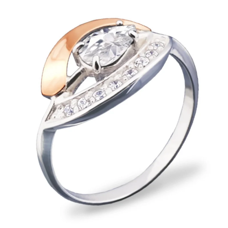 Pierścionek srebrny kropla z cyrkonią i złotą blaszką PX 072_AU375 blaszka gold