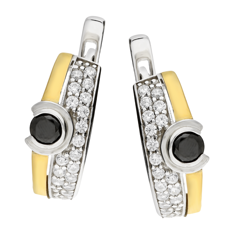 Kolczyki srebrne okrągła czarna cyrkonia, białe cyrkonie i złota blaszka/ang.zap. PX 175 BL_AU375 blaszka gold
