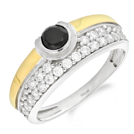Pierścionek srebrny czarna cyrkonia, białe cyrkonie i złota blaszka PX 175 BL_AU375 blaszka gold