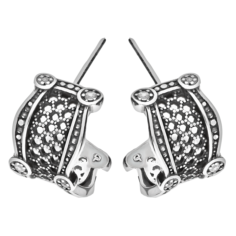 Kolczyki srebrne ażurowe półkółko z białymi cyrkoniami/sztyft SZ311 próba 925